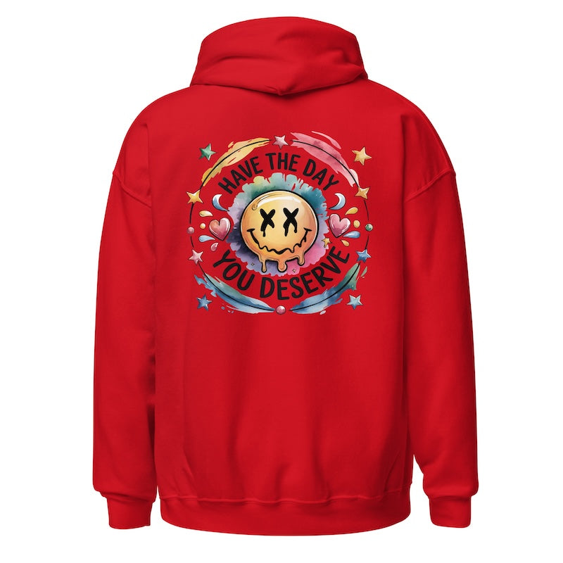 Red hoodie with a graphic design on the back on a white background