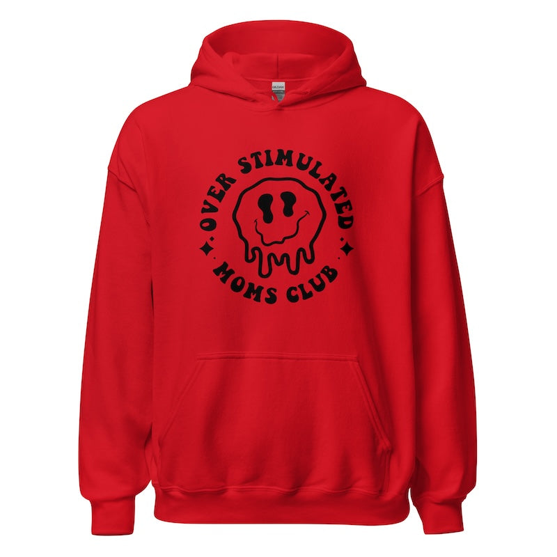 Red hoodie with black text and graphic on a white background