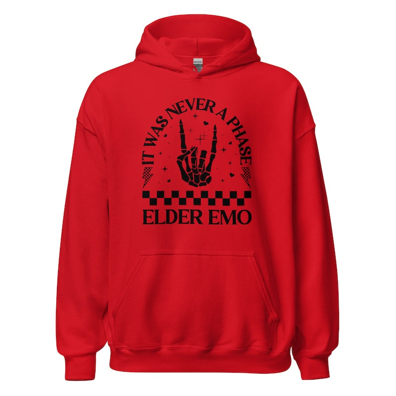Red hoodie with black text and design on a white background