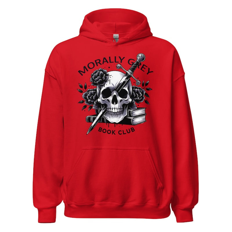 Red hoodie with skull and book design and 'Morally Grey Book Club' text on a white background