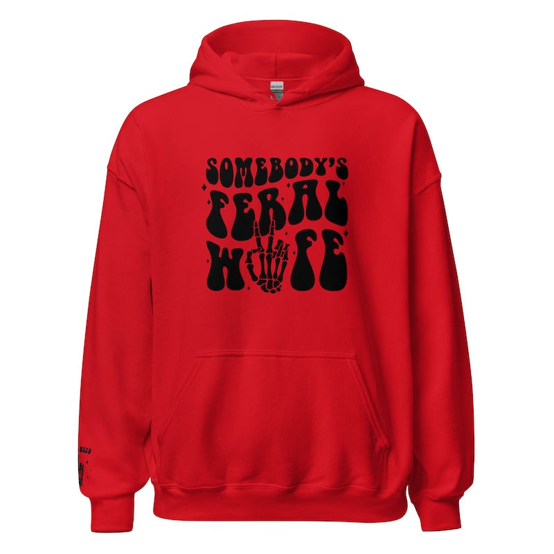 Red hoodie with black graphic design on a white background