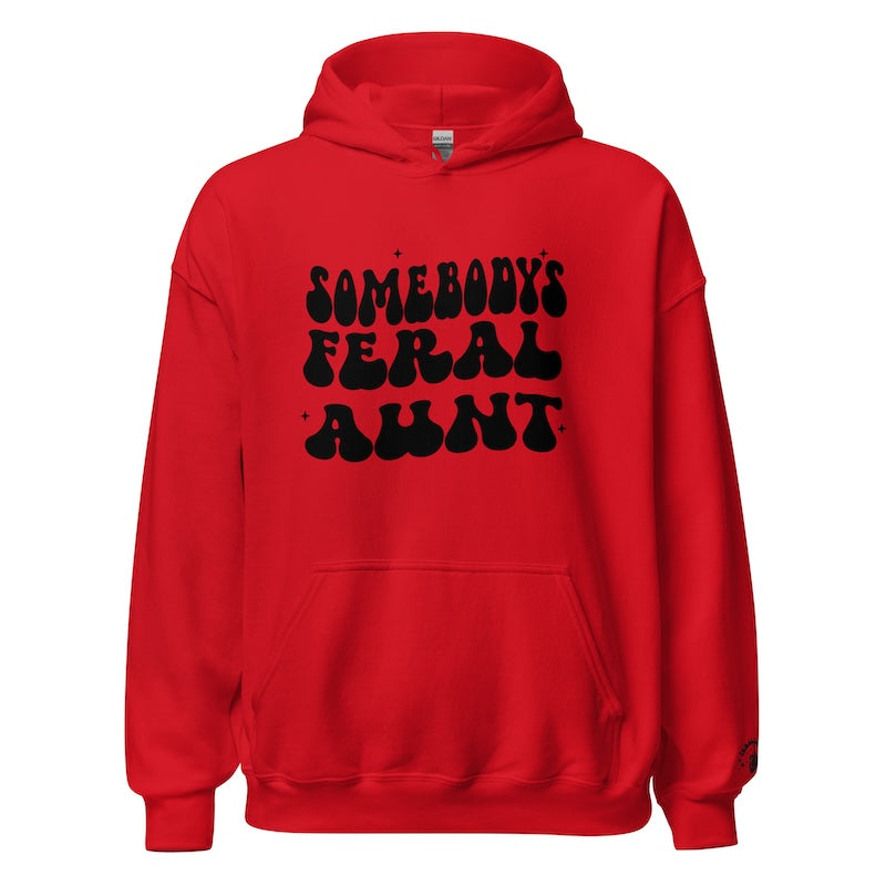 Red hoodie with black text on a white background