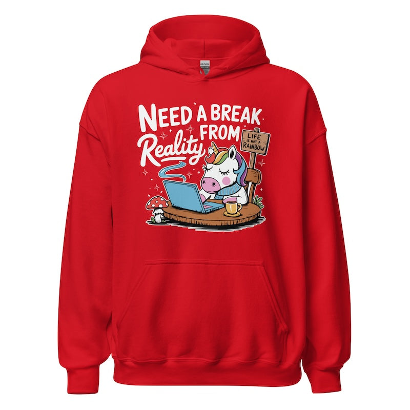 Red hoodie with a cartoon design of a unicorn and pig on a laptop, text 'Need a Break from Reality', on a white background.