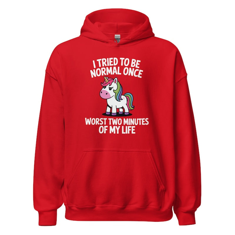Red hoodie with a unicorn graphic and humorous text on a white background