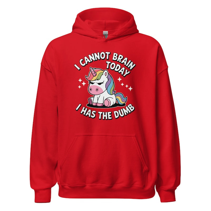 Red hoodie with a unicorn graphic and humorous text on a white background