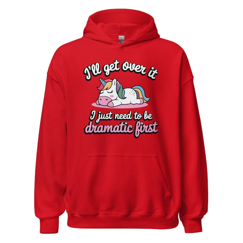 Red hoodie with a unicorn graphic and humorous text on a white background