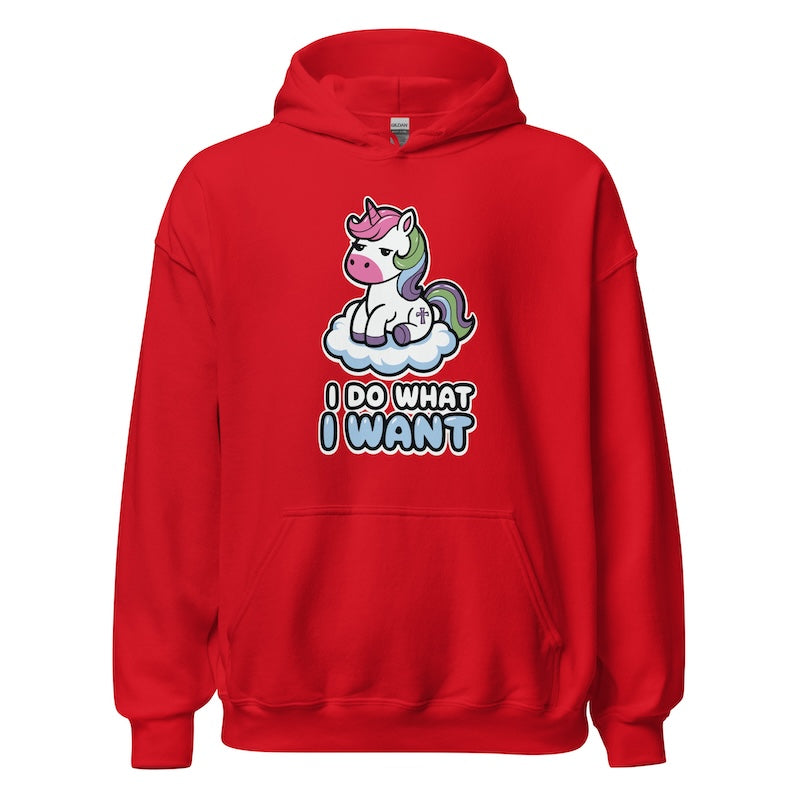 Red hoodie with a unicorn graphic and 'I Do What I Want' text on a white background