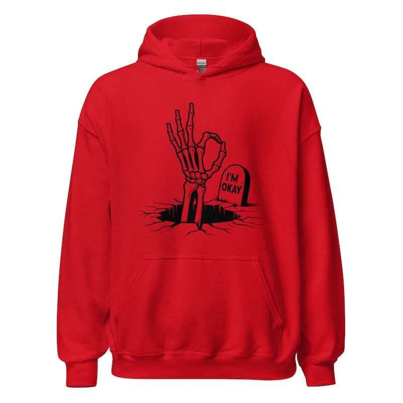Red hoodie with a black skeleton hand and gravestone graphic on a white background