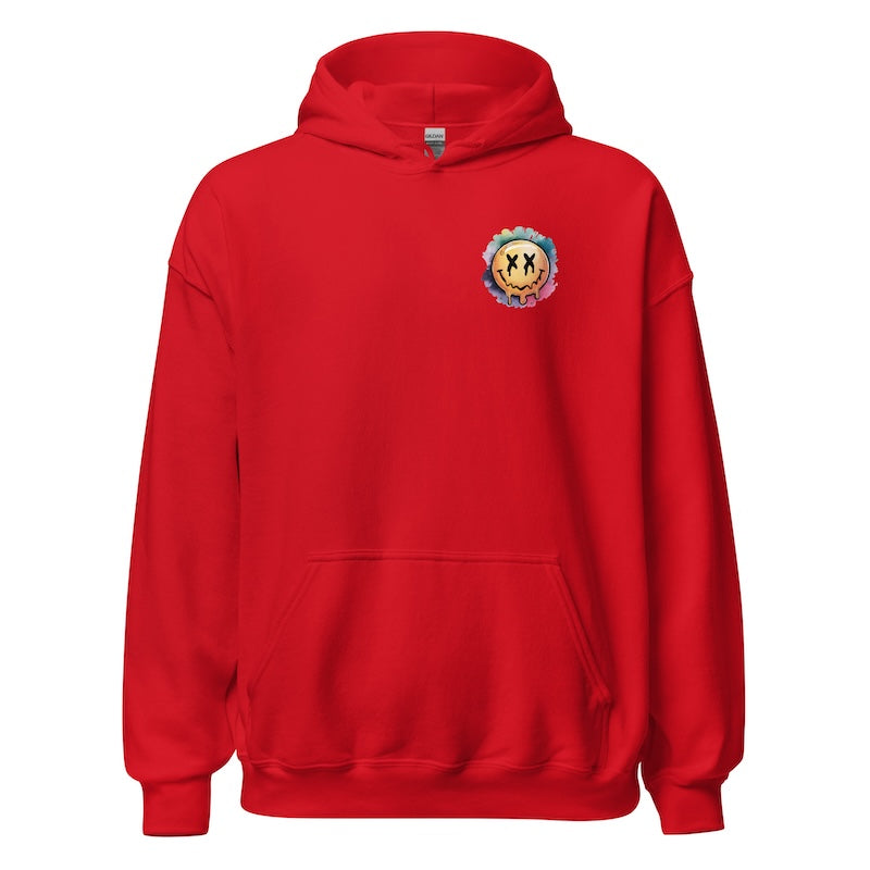 Red hoodie with a small graphic on the chest against a white background