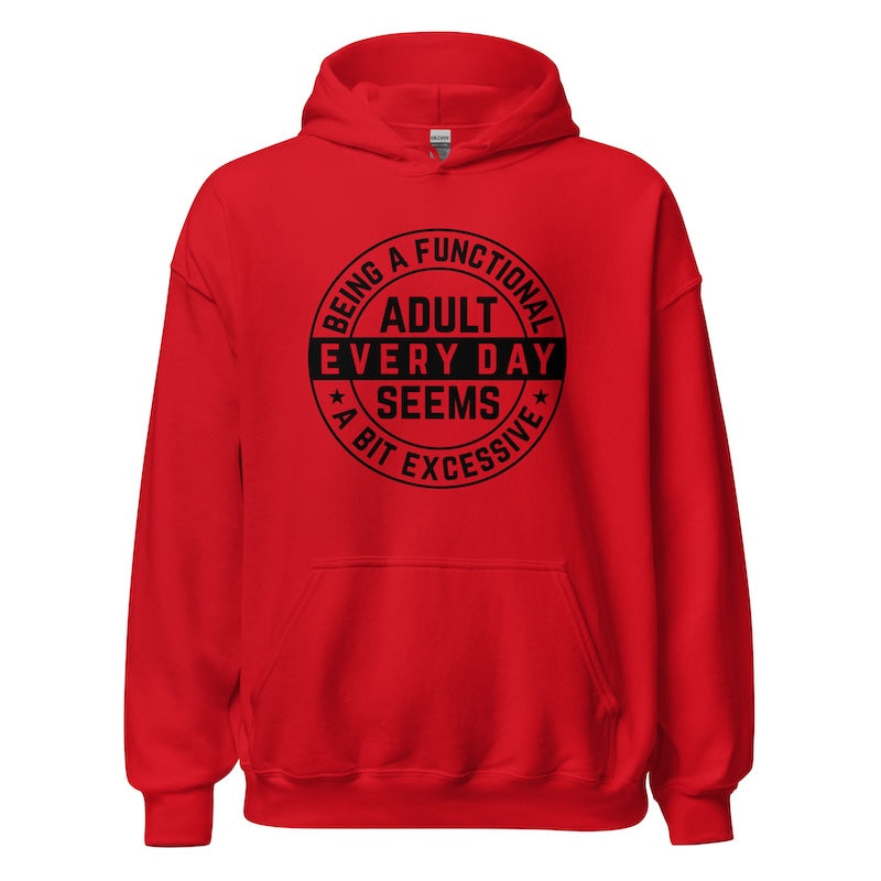 Red hoodie with black text on a white background