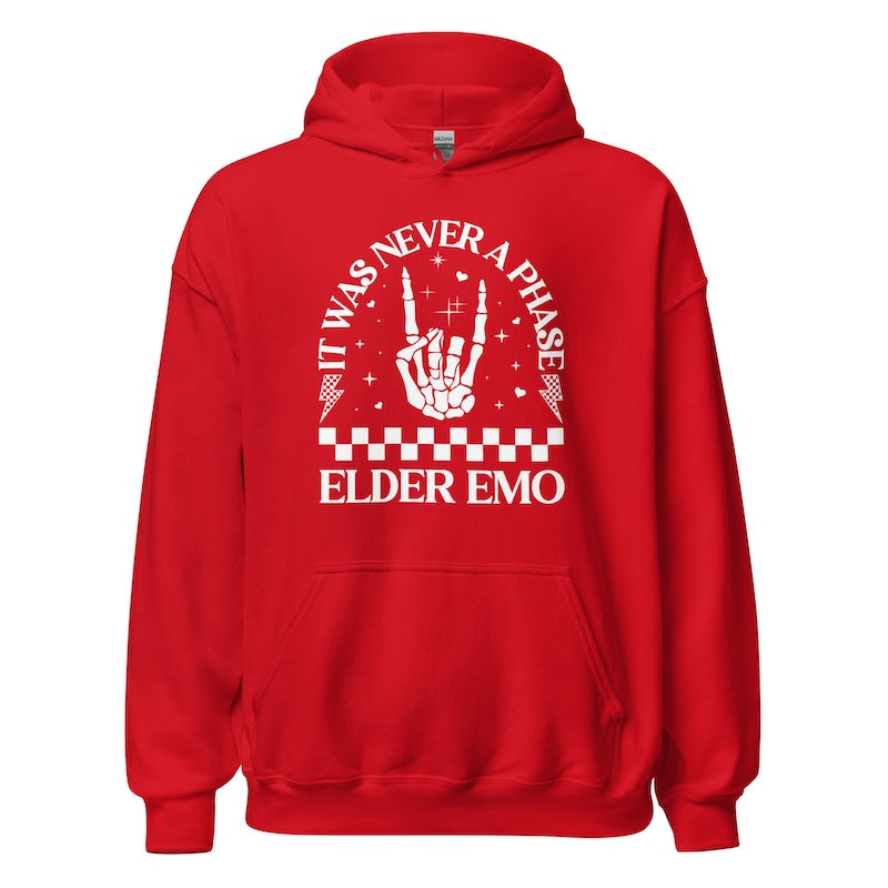 Red hoodie with white graphic and text on a white background