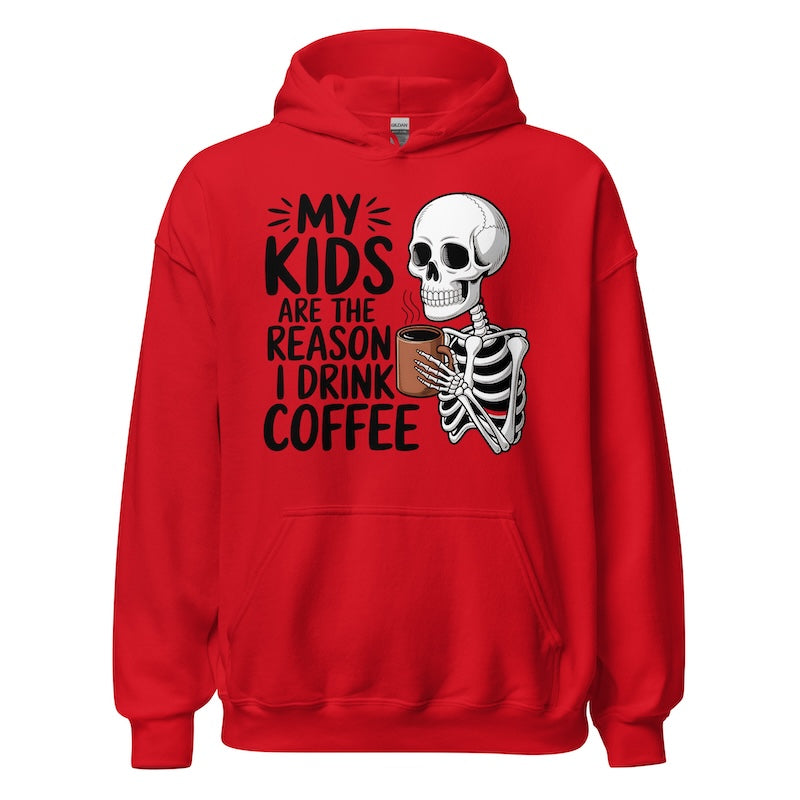 Red hoodie with skeleton design and text on a white background