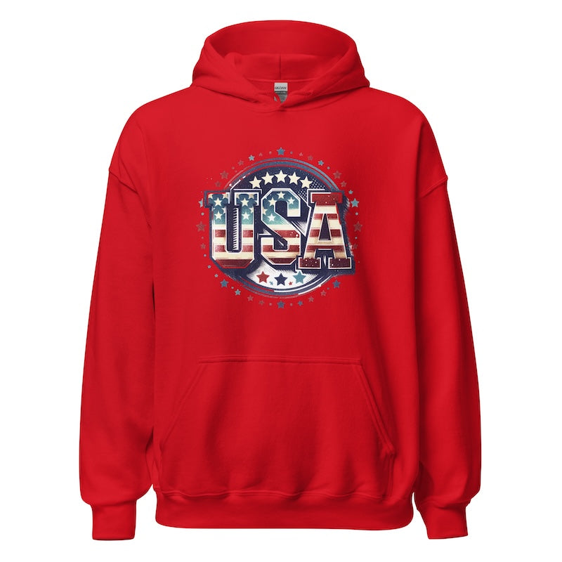 Red hoodie with 'USA' graphic design on a white background