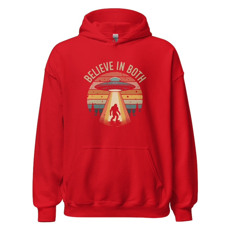 Red hoodie with UFO and Bigfoot design and 'Believe in Both' text on a white background