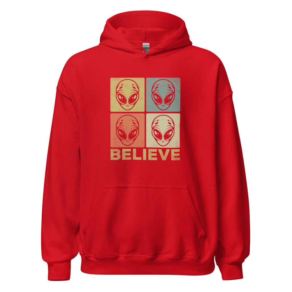 Red hoodie with alien graphic and 'BELIEVE' text on a white background