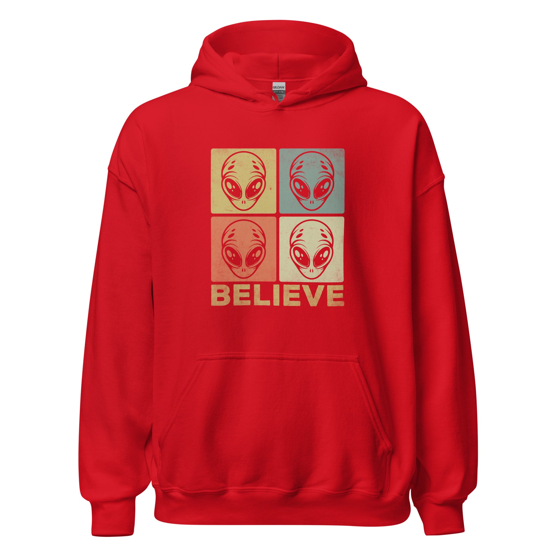 Red hoodie with alien graphic and 'BELIEVE' text on a white background