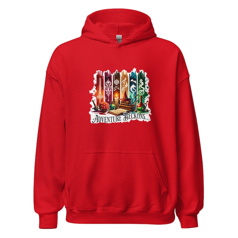 Red hoodie with a colorful graphic design on the chest against a white background