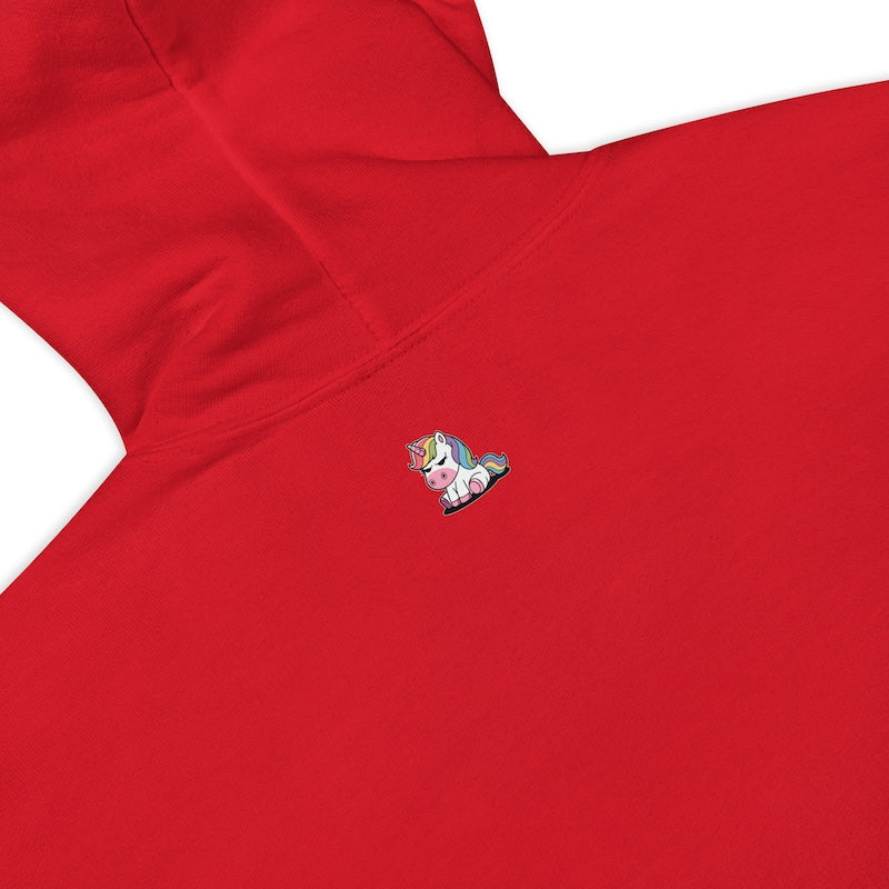 Red hoodie with a small colorful patch on the chest against a white background