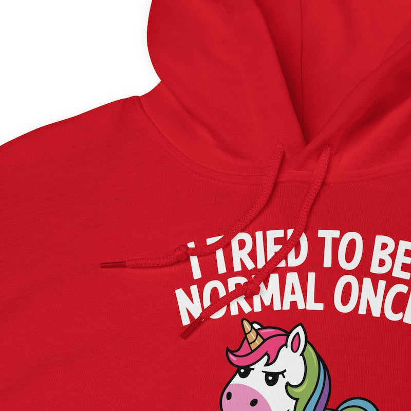 Red hoodie with a unicorn graphic and text on a white background