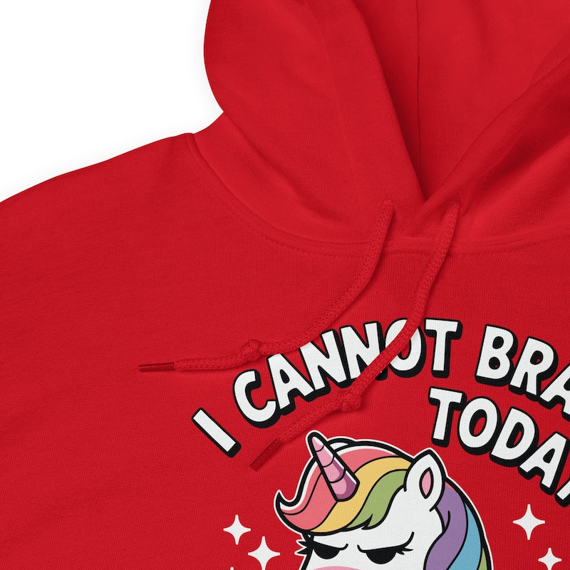 Red hoodie with a unicorn graphic and text 'I CANNOT BR' on a white background