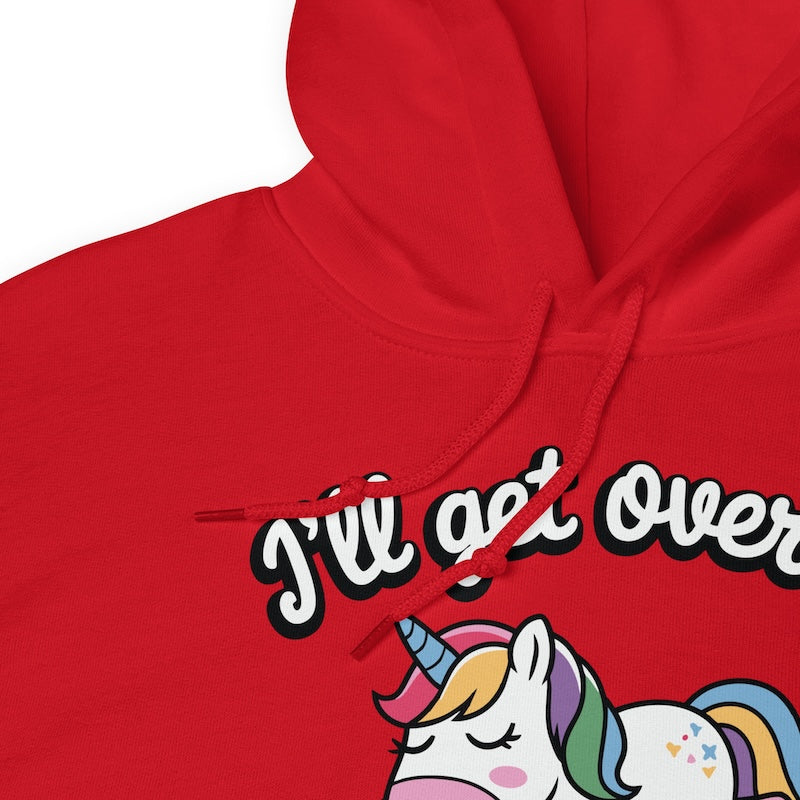 Red hoodie with a unicorn graphic and text on a white background