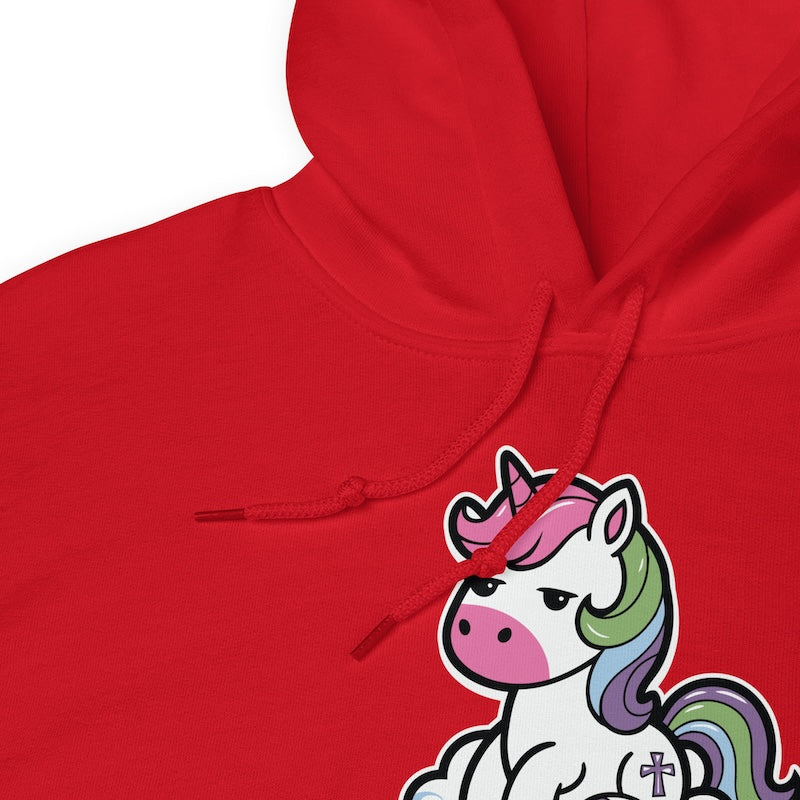 Red hoodie with a cartoon unicorn design on a white background