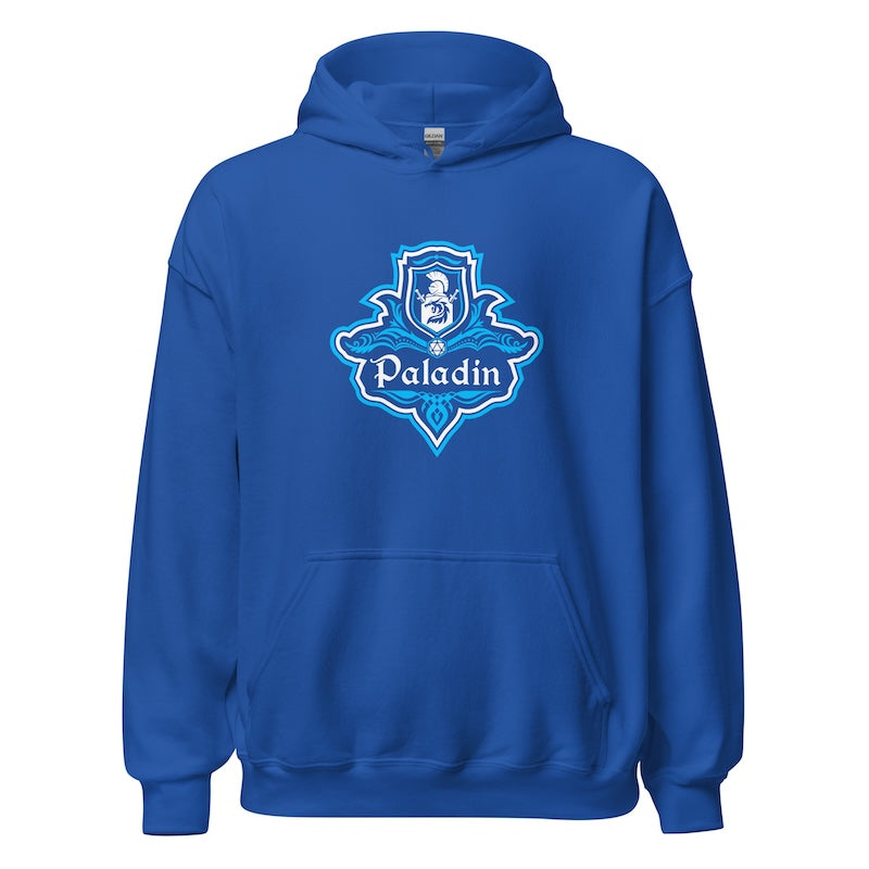 Blue hoodie with 'Paladin' logo on a white background