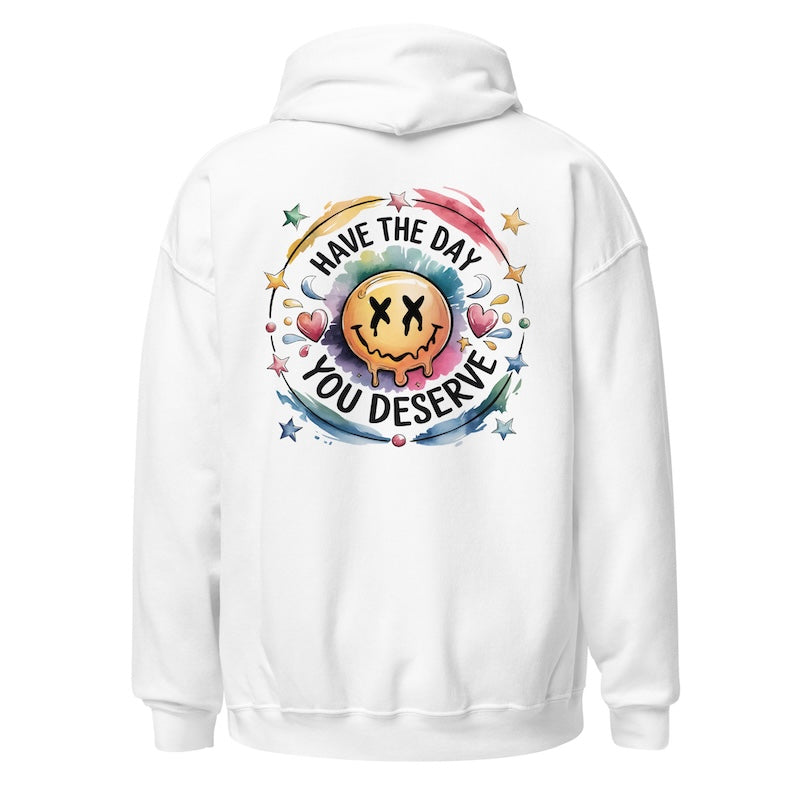 White hoodie with a colorful graphic and text on the back against a white background