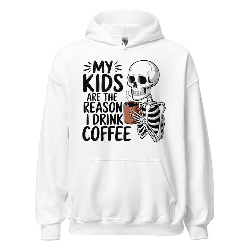 White hoodie with skeleton design and text on a white background