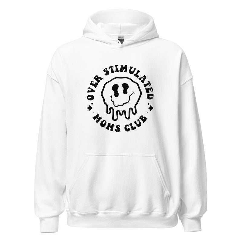 White hoodie with black graphic and text on a white background
