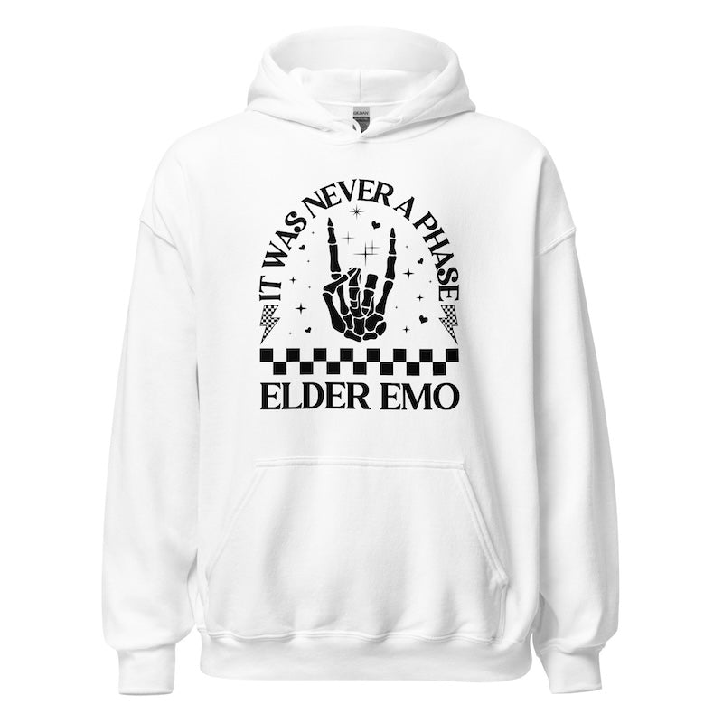 White hoodie with black graphic design and text on a white background