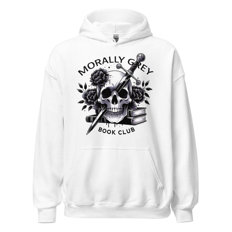 White hoodie with skull and sword design and 'Morally Grey Book Club' text on a white background