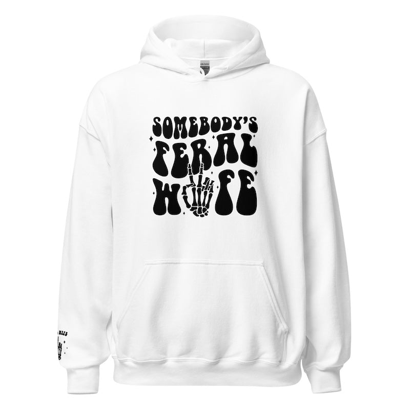 White hoodie with black graphic design on a white background