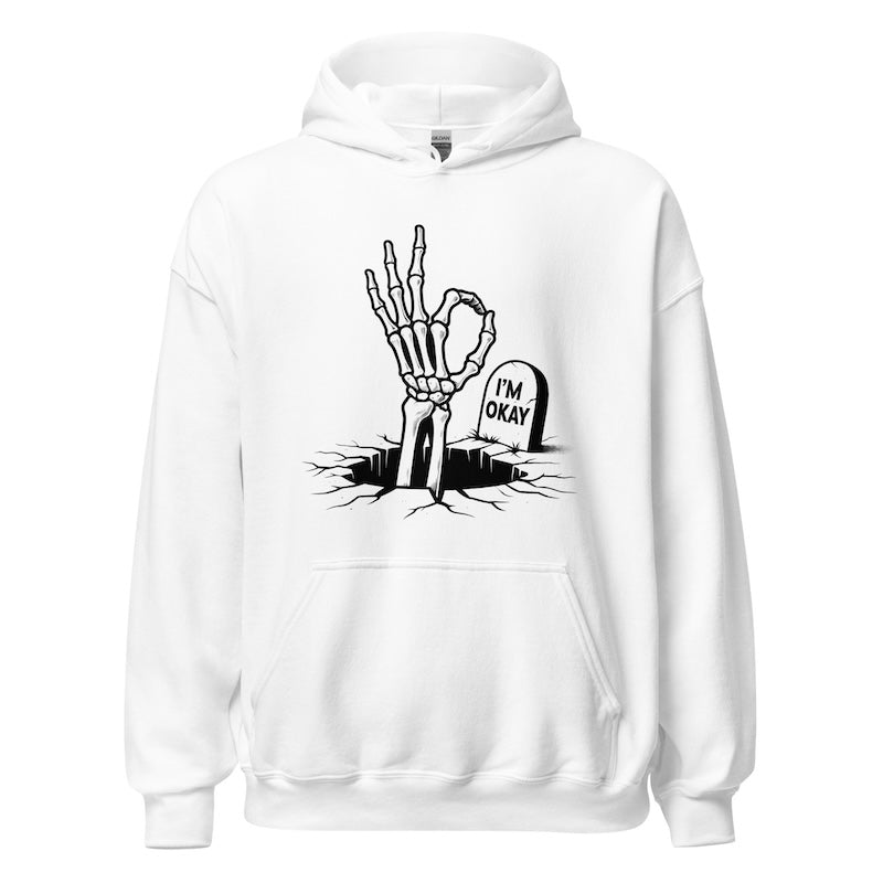 White hoodie with a black skeleton hand and tombstone graphic on a white background