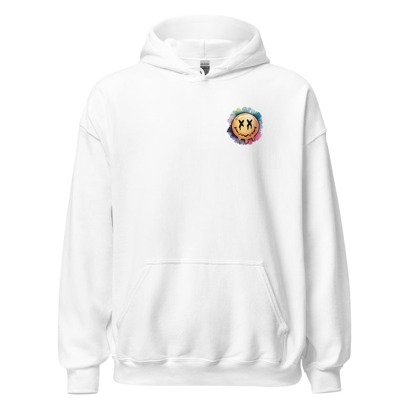 White hoodie with a colorful logo on the chest against a white background
