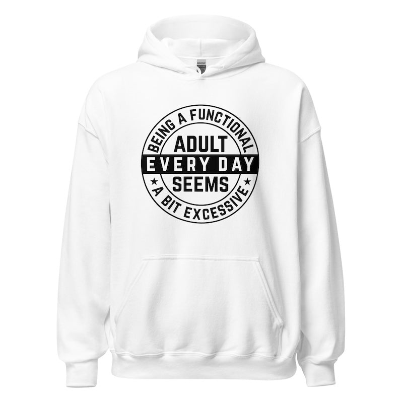 White hoodie with black text on a white background