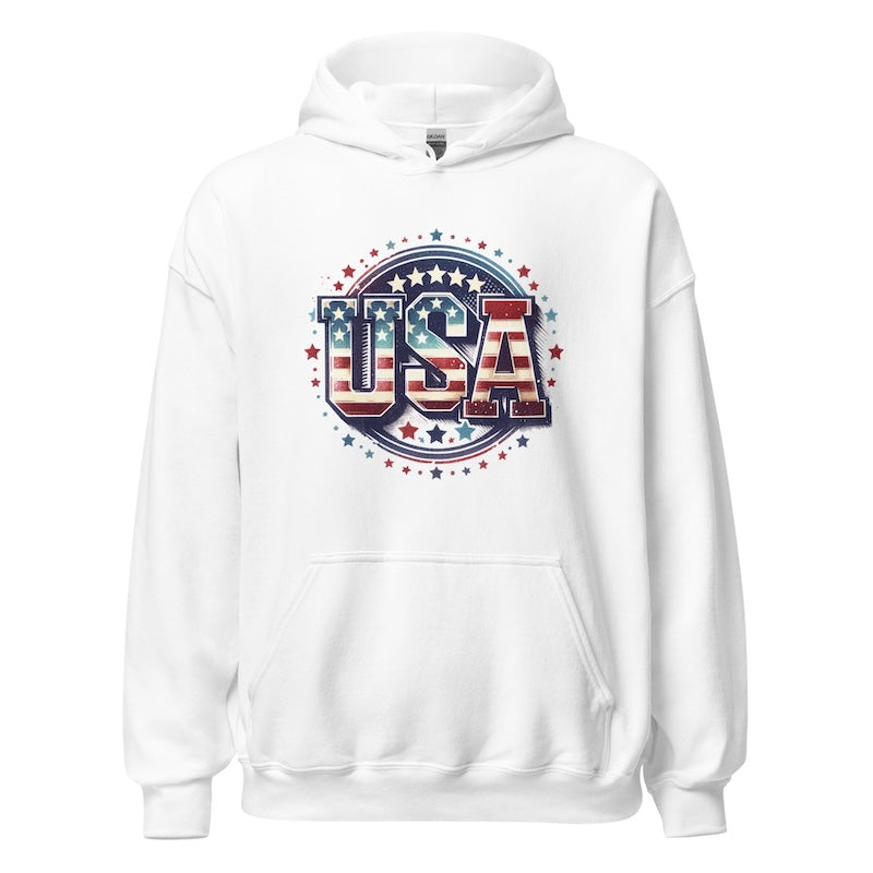White hoodie with 'USA' design on a white background
