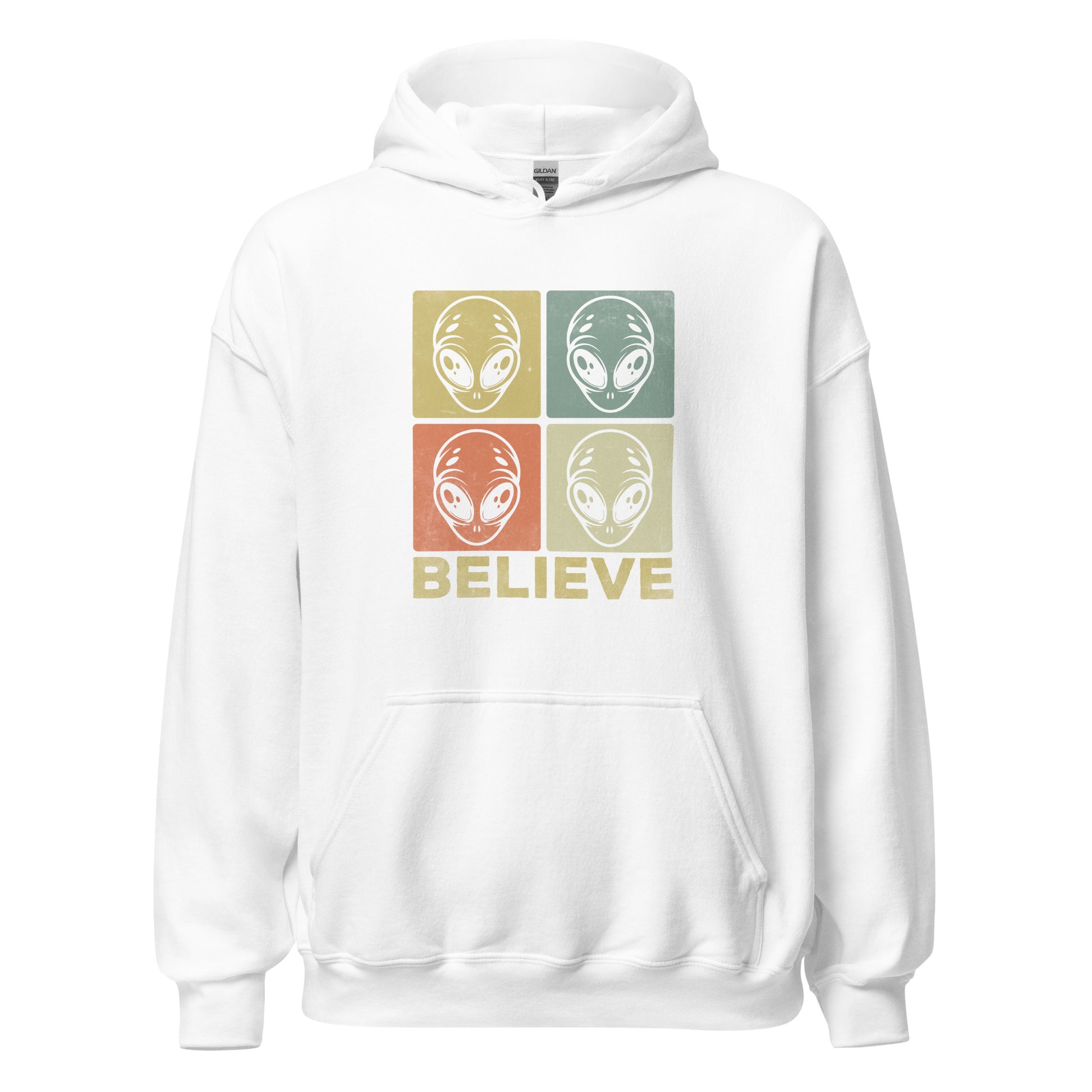 White hoodie with alien graphic and 'BELIEVE' text on a white background