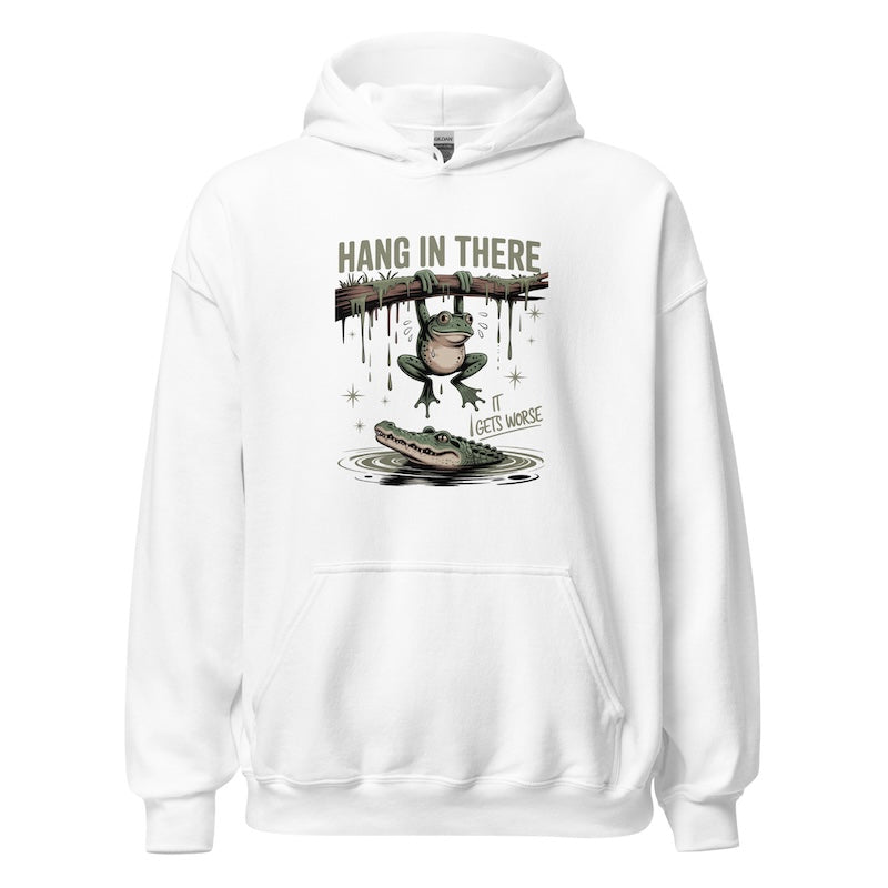 White hoodie with a graphic of a frog and alligator with text 'Hang in there, it gets worse' on a white background
