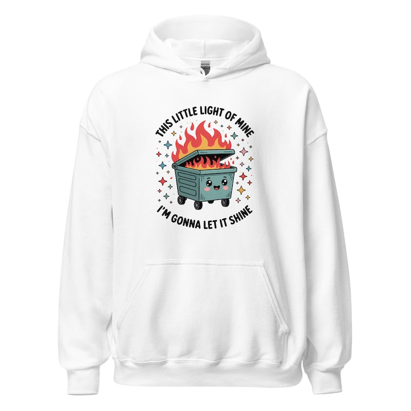 White hoodie with a graphic design of a Dumpster fire and text on a white background