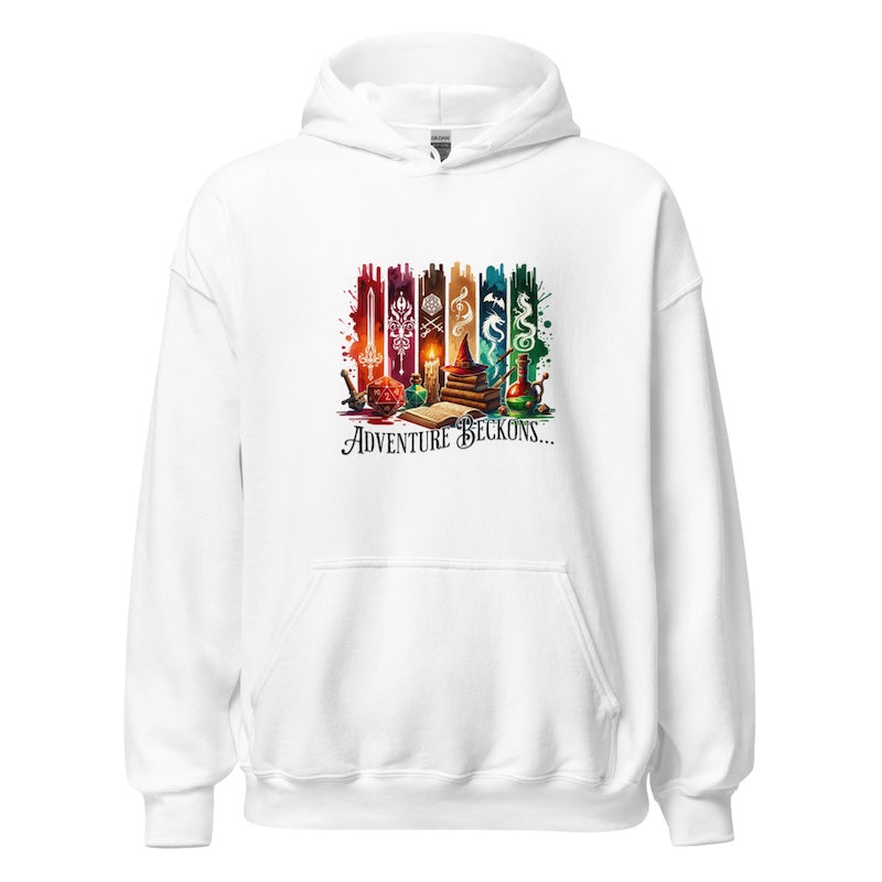 White hoodie with colorful graphic design and text on a white background