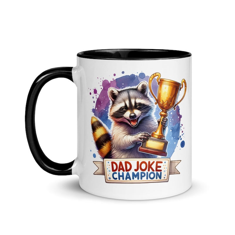 Mug with a raccoon holding a trophy and 'Dad Joke Champion' text on a white background