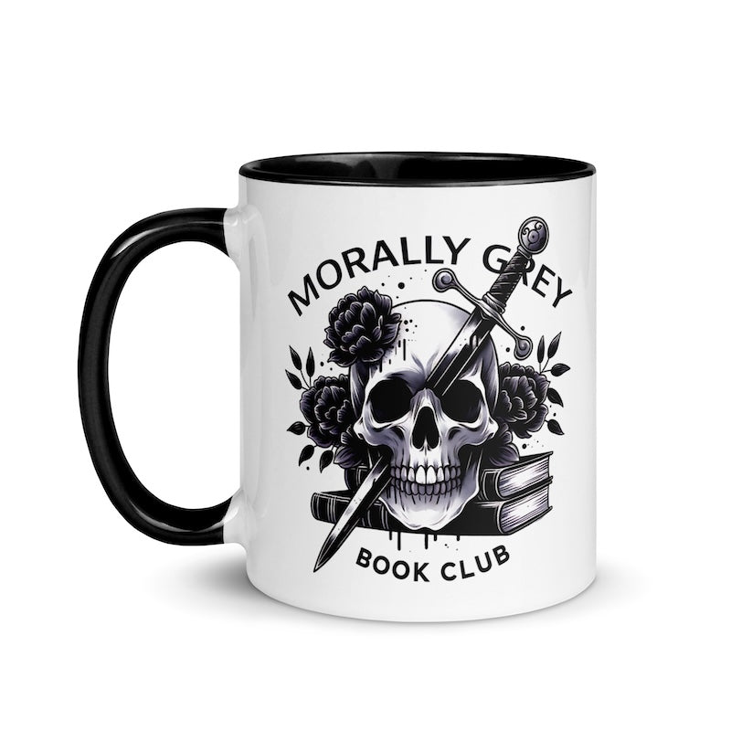 Mug with skull design and 'Morally Grey Book Club' text on a white background