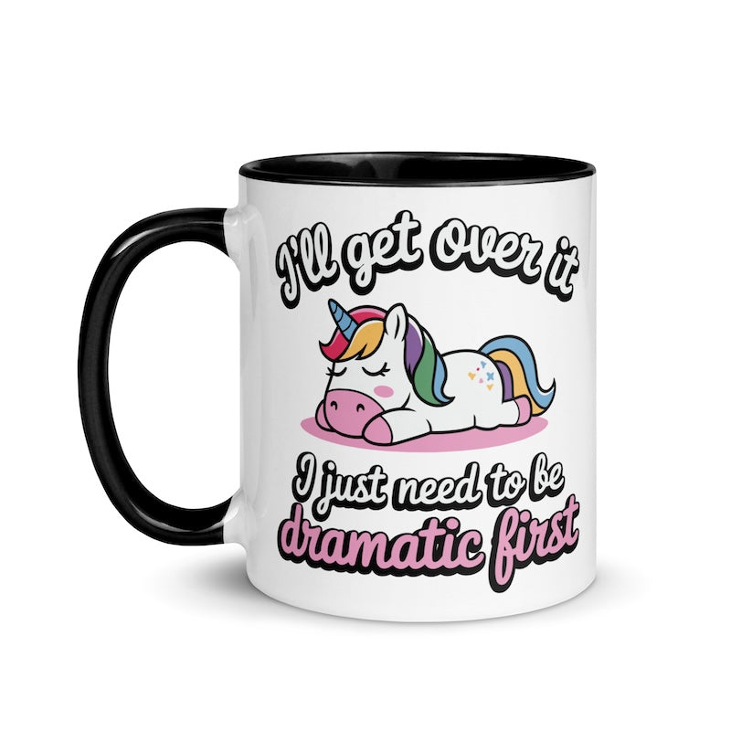 Mug with a unicorn design and humorous text on a white background