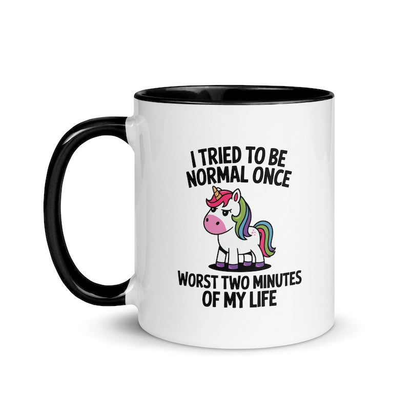 Mug with unicorn graphic and humorous text on a white background