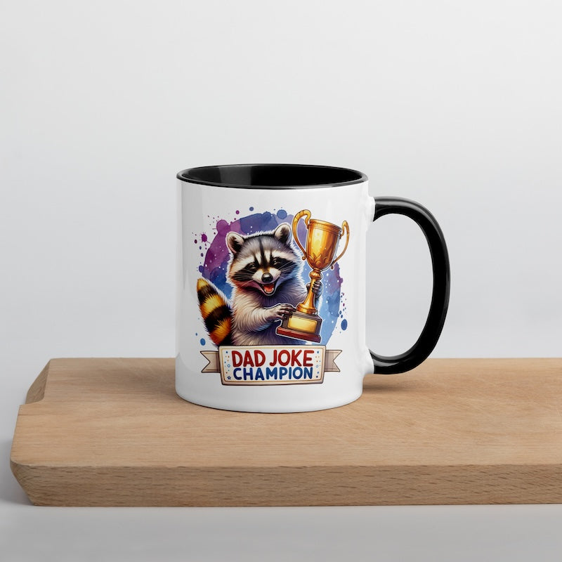 Mug with raccoon holding a trophy and 'Dad Joke Champion' text on a white background