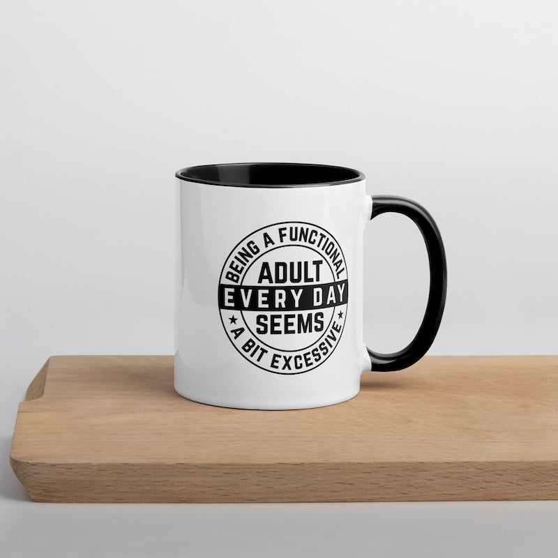 Mug with text design on a wooden surface