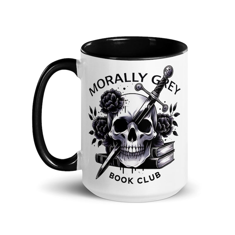 Mug with skull design and 'Morally Grey Book Club' text on a white background