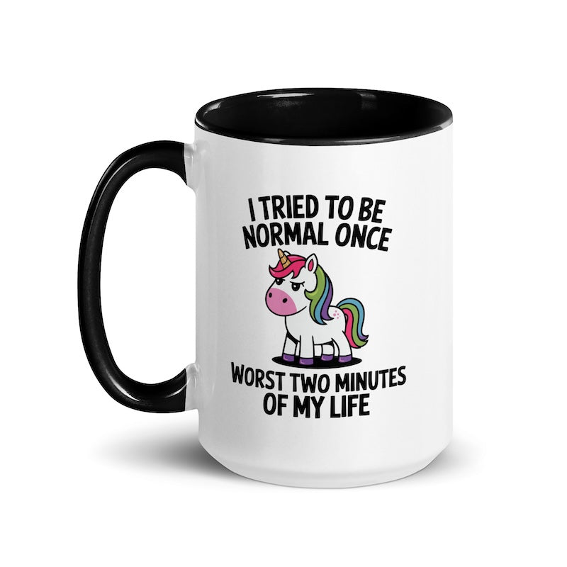 Mug with unicorn design and humorous text on a white background