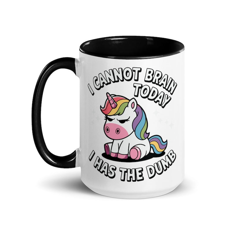Mug with a unicorn design and humorous text on a white background